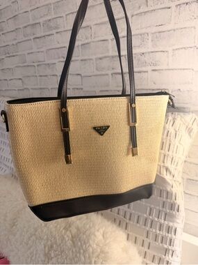 Luxury Beige Straw Tote with Black Trim NWOT